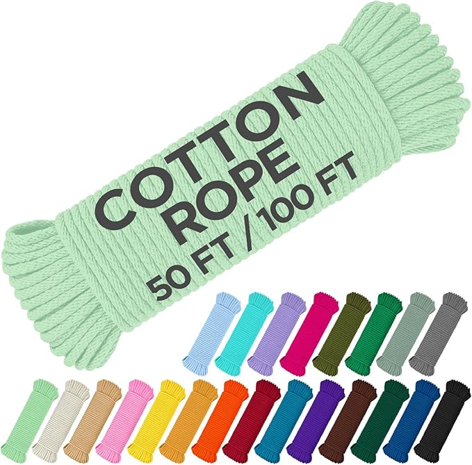 TECEUM Cotton Rope 3/16” (5 mm) – 100 FT – Strong All-Purpose Braided Rope – Natural Cotton – for Crafting, Сamping, Clothes Line, DIY, Indoor & Outdoor Use – Mint