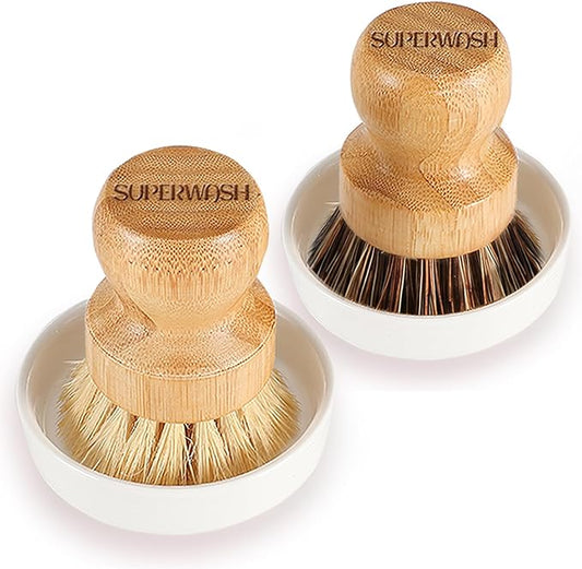 Bamboo Brush Dish Scrubber Clean Pan and Vegetable, Natural Bristles Palm Pot Brush 2 Pack Round Mini Dish Brush with 2 Ceramic Dish for Kitchen Sink Cleaning