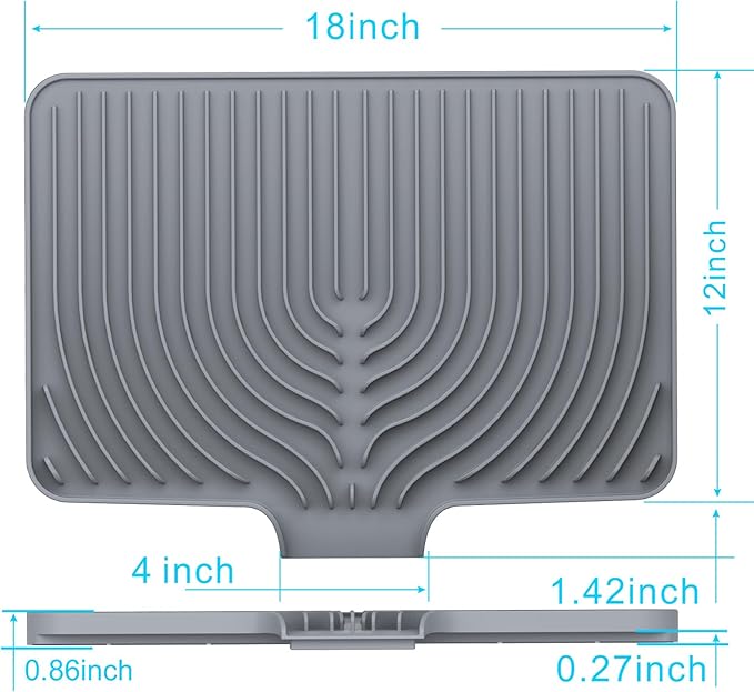 Kitchen Drying Mat for sink with a bulged edge,18"×12"Silicone Dish Drying Mat with built-in Drain Spout, Rubber Dish Mat for Kitchen (18"×12"gray)