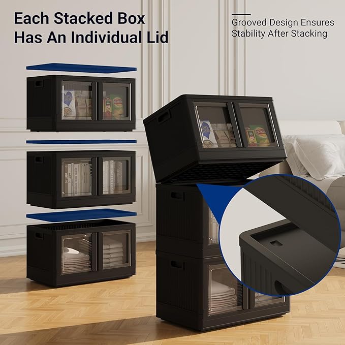 FLEXIMOUNTS 228 QT Stackable Storage Bins With Lids, Collapsible Plastic Storage Bins With Doors and Built-in Wheels For Home Dorm Closet Organizers and Storage, 3 Pack Cubes, Black