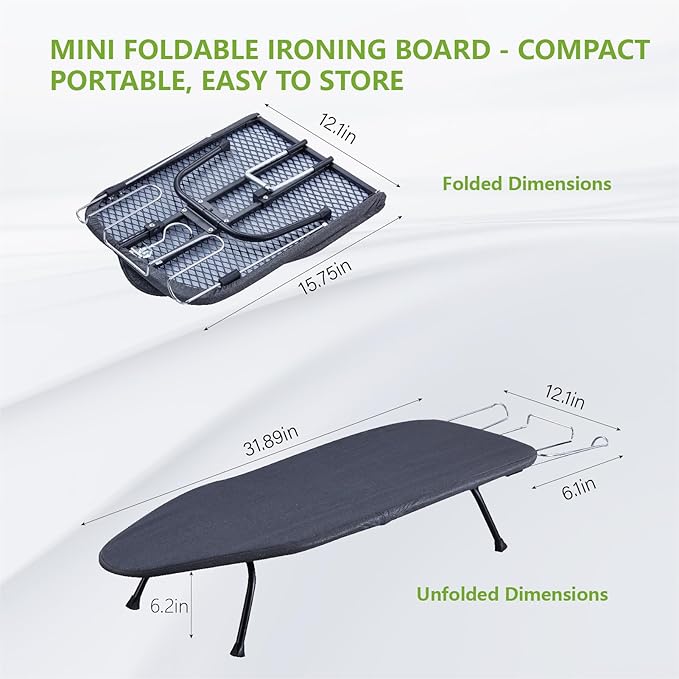 Foldable Table Top Ironing Board with Iron Rest, Portable Ironing Board Small with Heat Resistant Cotton Cover, Mini Iron Board for Small Space and Travel, 31"x12", Black