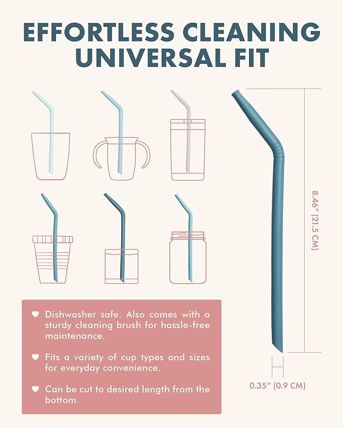 Nightingale Reusable Silicone Straws - Bendy Drinking Straw with Cleaning Brush - Collapsible and Bendable Travel Straw for Kids - Dishwasher Safe, Food-Safe - Set of 6 (Marine Multi)