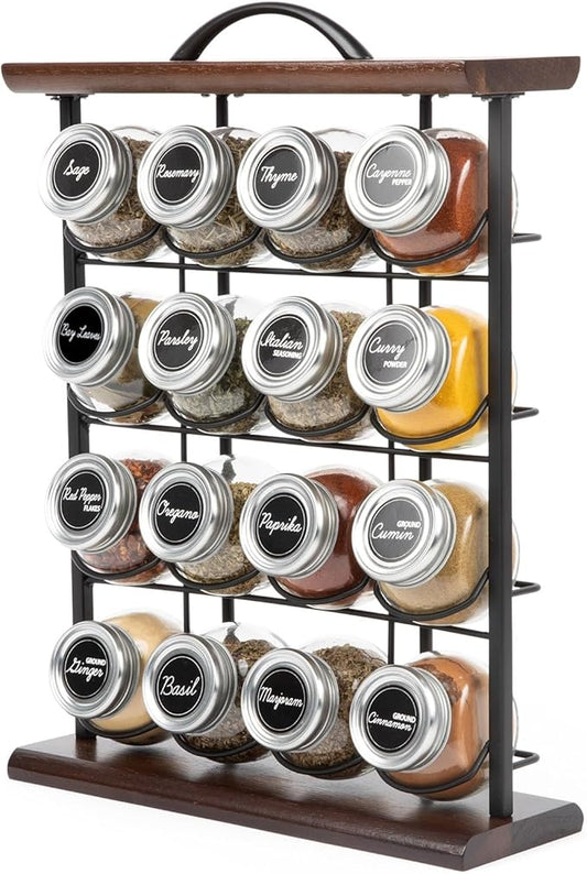 Orii 16 Jar Acacia Wood & Metal Wire Spice Rack with Spices Included, Storage for Spices and Seasoning, Black & Brown