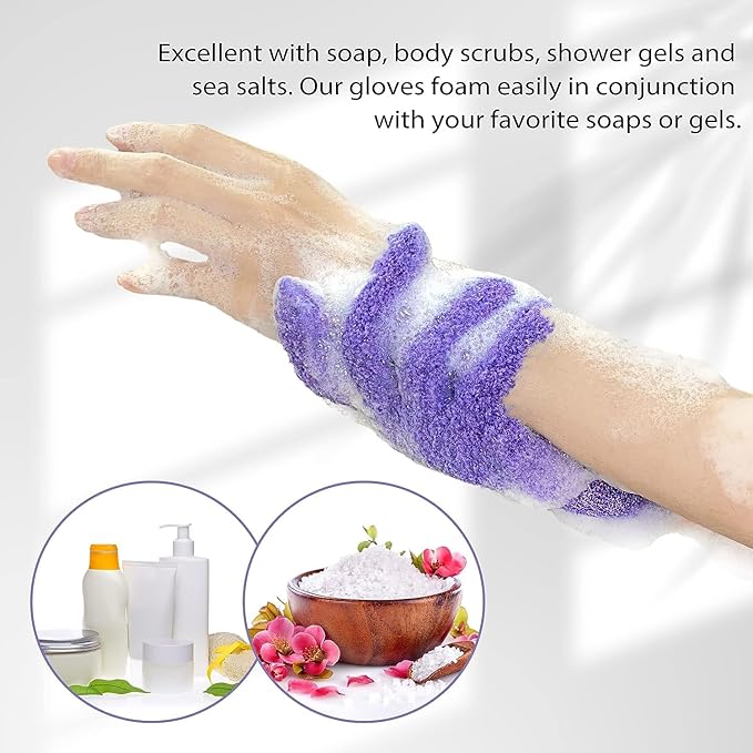Evridwear Exfoliating Gloves for Shower, 100% Nylon Thick Soft Medium Heavy Bathing Gloves Dead Skin Remover Body Scrubber Smooth Skin with Hang Loop, Purple