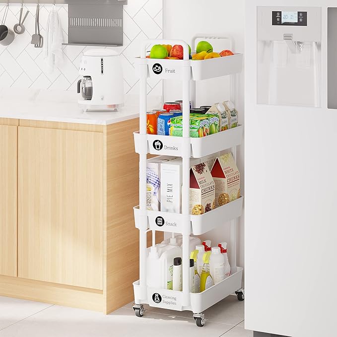 Laiensia 4-Tier Storage Cart,Multifunction Utility Rolling Cart Kitchen Storage Organizer,Mobile Shelving Unit Cart with Lockable Wheels for Bathroom,Laundry,Living Room,With Classified Stickers,White