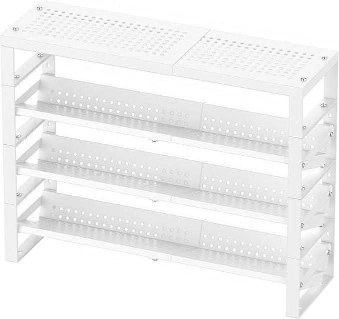Expandable, Stackable, Adjustable Spice Rack kitchen Organizer,Metal Pantry Storage Shelves - Multi-Tier Shelf for Cabinet, Countertop, Pantries, Cupboard or Wall Mount,White