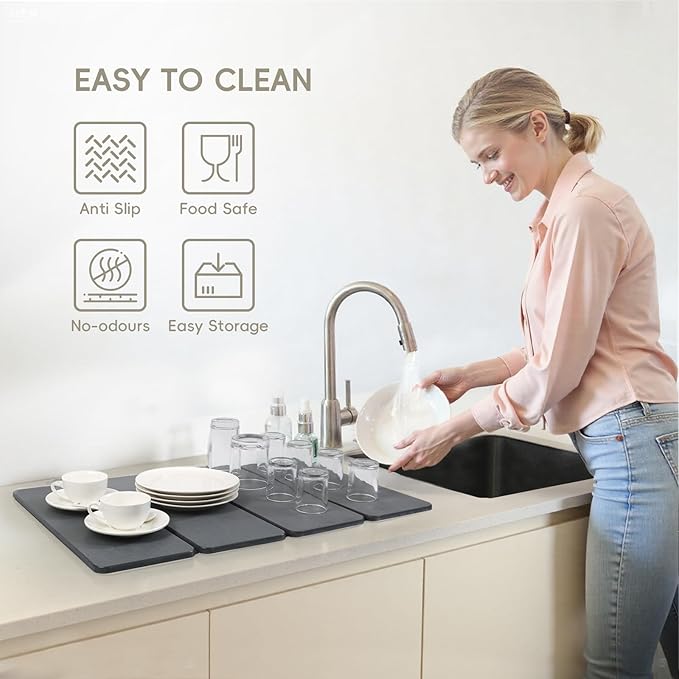 Small Stone Dish Drying Mat for Kitchen Counter, HQAUT 16"×12" Collapsible Quick Drying Dish Mats, Super Absorbent Diatomaceous Earth, Non-Slip Sink Mat for Countertop Dishes, Easy to Clean
