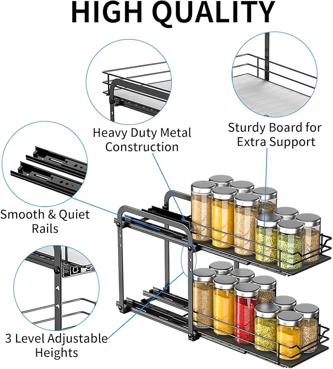 RCHYFEED Spice Organization for Cabinet, 2 Tier Pull Out Spice Rack for Seasoning Organizer, Height Adjustable Heavy Duty Metal Basket for Inside Cabinets & Pantry Closet(5.5" Wx10.5 Dx9.5 H)