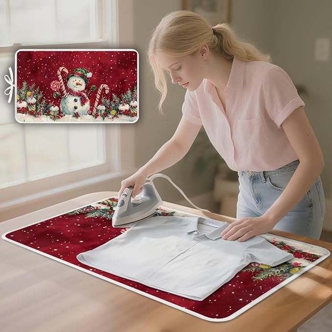 Ironing Mat Christmas Portable Iron Pad Magnetic Cover and Padding for Top of Washer, Dryer, Tabletop, Countertop,Travel Small Size Snowman Ironing Pads 32 x 16 Inch