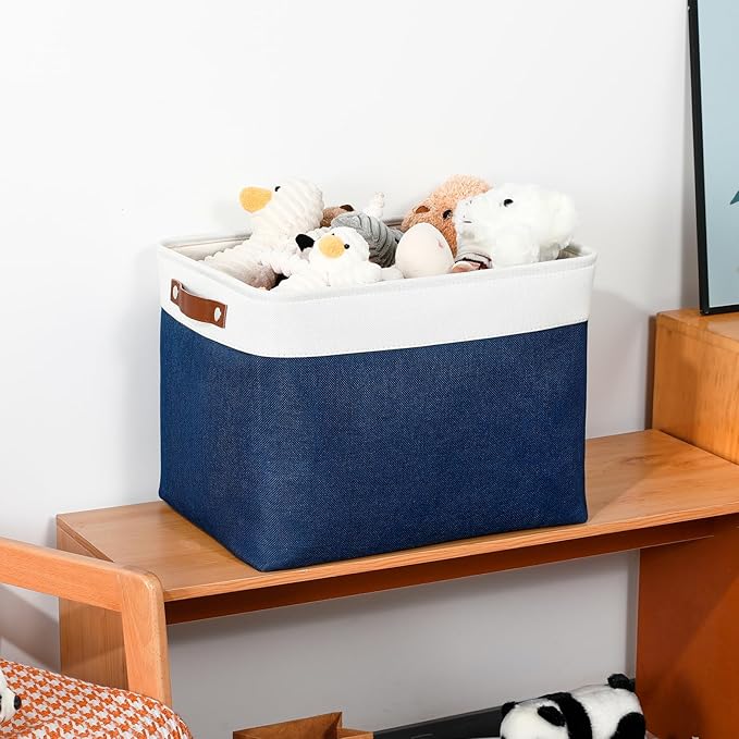 DULLEMELO Large Storage Baskets with Leather Handles for Linen Closet and Home Office, Decorative Baskets for Toys Storage (White & Blue)