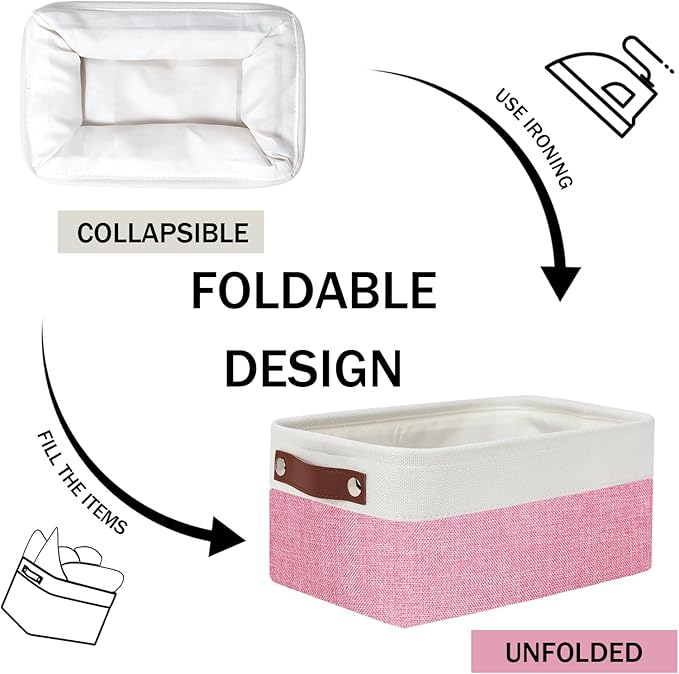 DULLEMELO Small Storage Baskets 6 Pack, Fabric Collapsible Gift Storage Baskets for Shelves, Closets, Nursery, Home, Office Organizing,Small Canvas Linen Rectangular Storage Bins (6-Pack, White&Pink)