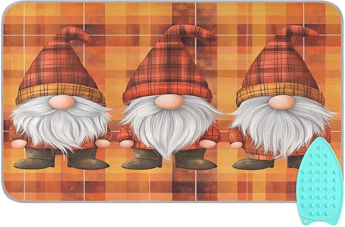 Orange Plaid Thanksgiving Gnomes Ironing Mat Thickened Ironing Blanket Travel Portable Double-Side Using Ironing Pad Travel Isolate Heat Pad Cover for Washer Dryer Table Top Countertop 27.6x47.