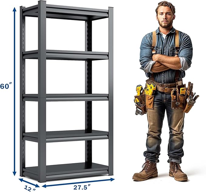 Heavy Duty Garage Shelving, Metal Storage Shelves, Adjustable 5 Tier Metal Shelving Unit, Industrial Utility Rack for Garage, Warehouse, Workshop, 12" D×27.5" W×60" H, Black