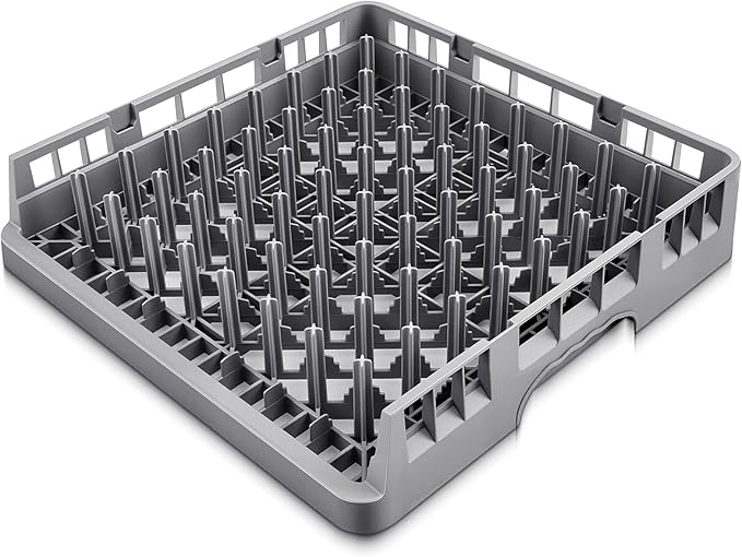 Commercial Dishwasher Tray Rack Polypropylene Full Size Flatware Rack for Bowls Plates Knives Forks Cups (19.7 x 19.7 x 3.97 Inch,Peg Dish Opening,Gray)