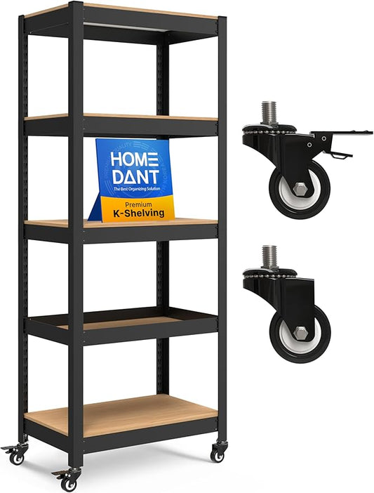 HOMEDANT House 5-Tier Metal Rolling Cart Shelf Rack Casters Heavy Duty Laminated Wheel Shelving Unit Adjustable Utility Storage Shelves Organizer Shelf Kitchen Garage 24.4" W x 16.5" D x 62.2" H 1Pack