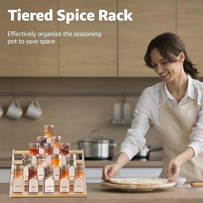 nianfeng Tiered Spice Rack, 5-Tier Spice Pantry Kitchen Cabinet Organizer, 16-Inch, Natural Wood Acrylic Stair Riser Stand, Countertop Seasoning Shelf
