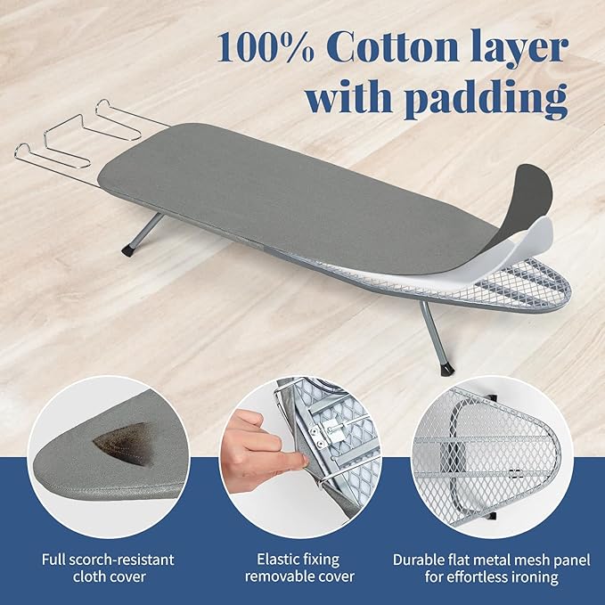 Tabletop Ironing Board with Iron Rest, Small Ironing Board Foldable with Heat Resistant Cover, BlissBoard Mini Compact Iron Table for Dorms, Aprtment and Travel, 31"x12", Grey