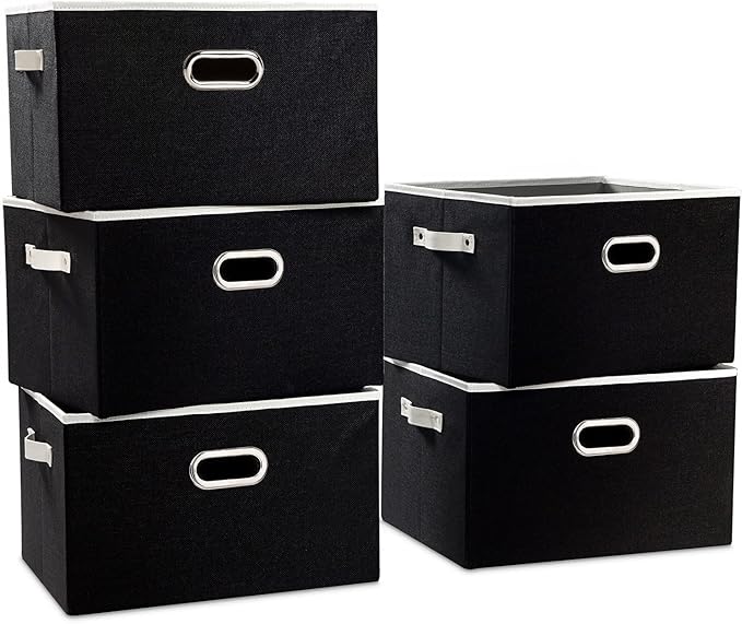 PRANDOM Larger Collapsible Storage Bins for Closet [5-pack] Decorative Linen Fabric Storage Baskets Cubes with Leather/Metal Handles for Living Room Black (17.3x12.2x10.4 Inch)