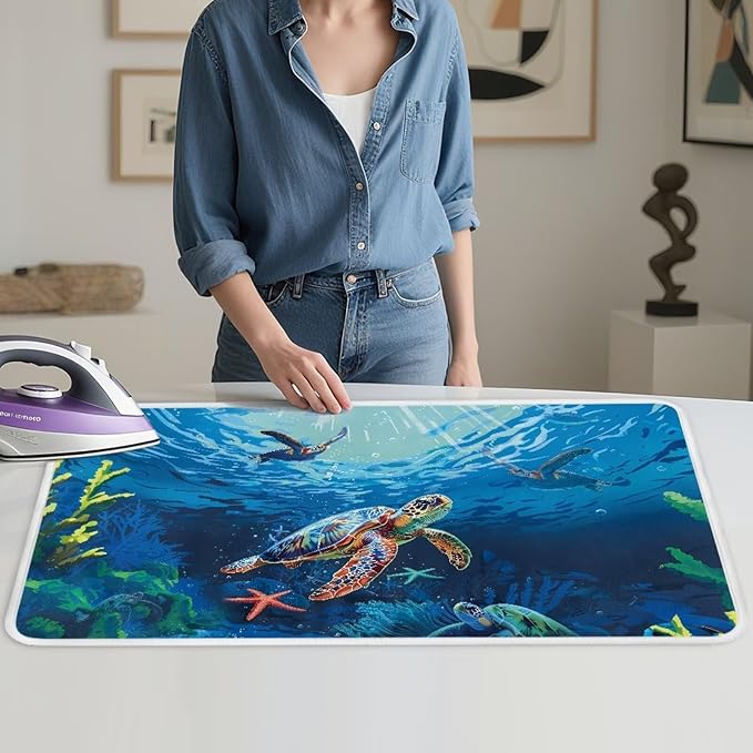 Ironing Mat Portable Iron Pad Magnetic Cover and Padding for Top of Washer, Dryer, Tabletop, Countertop,Travel Small Size Ocean Sea Turtle Ironing Pads 32 x 16 Inch