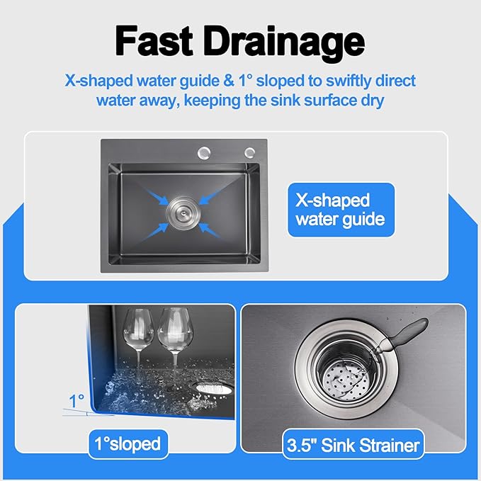 23x18 Inch Kitchen Sink, Handmade 304 Stainless Steel Sink, 9" Deep Single Bowl with Brushed Finish, Topmount with 2 Holes, R10 Tight Corner, for Modern Kitchen/RV/Outdoor Sink