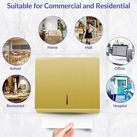 Paper Towel Dispenser Wall Mount, Brushed Gold Stainless Steel Commercial Paper Towel Holder with Lock, Large Capacity 250 C Fold/300 Multifold Towels
