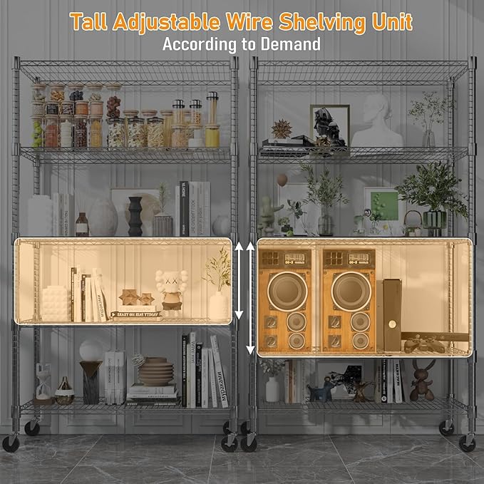 Himimi 72" H Storage Shelves 4 Tier Metal Shelving Adjustable Wire Shelf with Wheels, Heavy Duty Shelving for Garage Kitchen Pantry Bathroom Laundry,18" D*48" W*72" H, Silver