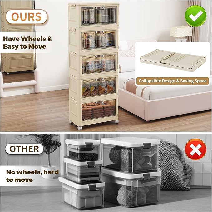 5 Tier - 34QT Storage Bins with Lids, Collapsible Storage Bins with Doors and Wheels, Plastic Storage Cabinet for Easy Storage and Organization for Living Room, Office