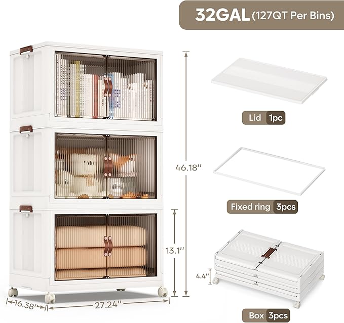 Jalove 90Gal Large Storage Bins with lids, 360QT Plastic Stackable Storage Containers with Wheels, Collapsible Closet Organizer and Storage Drawers,Clothes Organization for Cabinet Home, 3Pack White