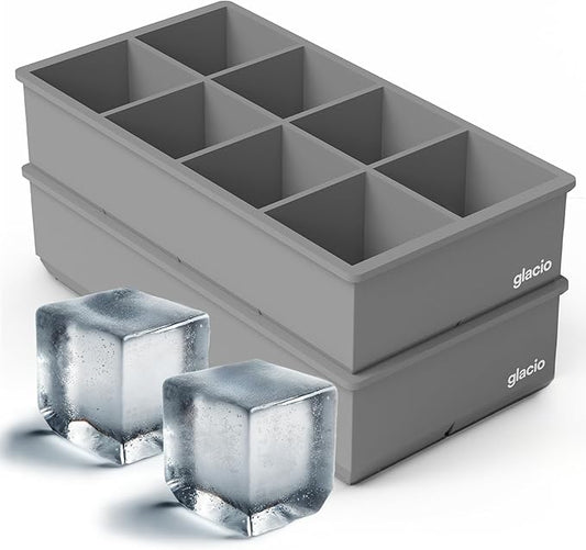 glacio Ice Cube Molds – 2-Pack Silicone Trays for 8 Large Square Cubes – Slow-Melt Ice for Whiskey, Cocktails, Coffee & More