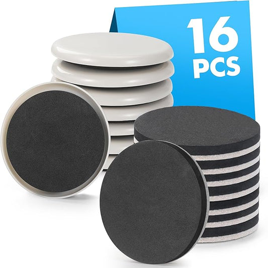 16-Pack Furniture Sliders for Hardwood Floors & Carpet, Save 80% Effort, Safely and Easily, The Glide Tool Set for Heavy Furniture and Appliances, Reusable Moving Pads (8 Plastic & 8 Felt)