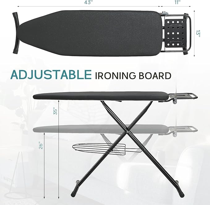 Ironing Board Full Size, RAINHOL 43"x13" Sturdy Iron Board with Iron Rest and Garment Rack, Height Adjustable Metal Construction with Ultra Thick Cover and Padding, Foldable and Heavy Duty