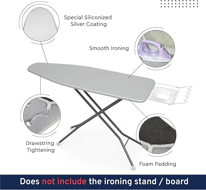 Encasa XO Ironing Board Cover and Pad 49"x18" - Metallised 'Silver Super Luxury' with Foam & Felt Pad, Fits Wide Iron Boards - Heat Reflective, Scorch Resistant, Bungee Elasticated, 3 Fasteners