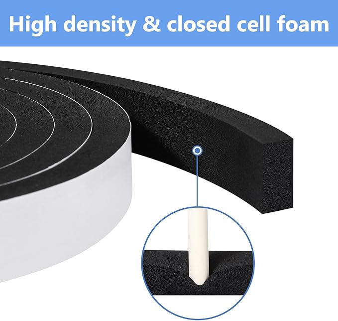 Weather Stripping Door Seal Strip- 2 Inch X 1/4 Inch X 16Feet, Strong Adhesive, Lightproof, Soundproof, Weatherproof Foam Tape Insulation for Sliding Door, Front Door Frame, Windows- Black