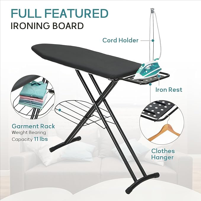 Ironing Board Full Size, RAINHOL 43"x13" Sturdy Iron Board with Iron Rest and Garment Rack, Height Adjustable Metal Construction with Ultra Thick Cover and Padding, Foldable and Heavy Duty