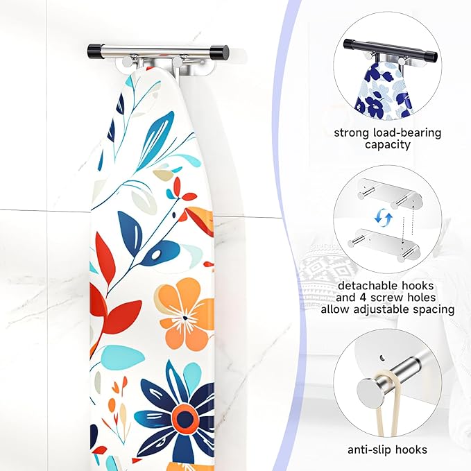 Ironing Board Holder Wall Mount,Ironing Board Hanger with Removable Hooks, Laundry Rooms Stainless Steel Ironing Boards Hook for Wall for Y or T Leg