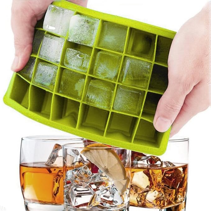 Ice Cube Tray, Silicone Square Ice Trays Easy Release Stackable Ice Cube Mold with Removable Lid, 24 Cavity (2 Pack, Green)