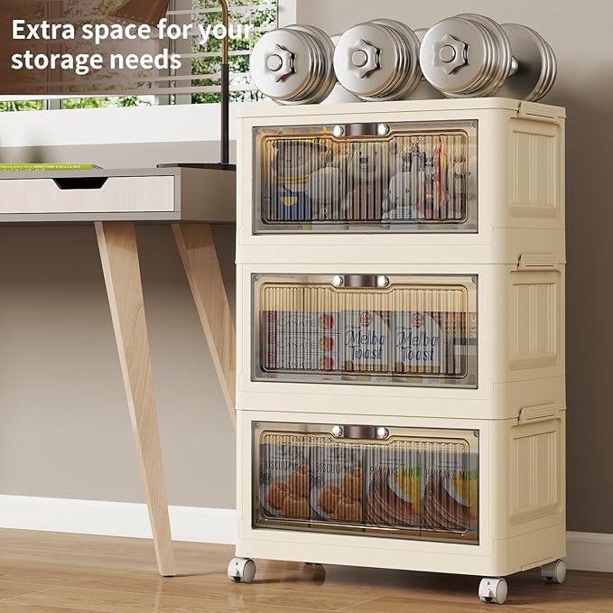 3 Tier - 34QT Storage Bins with Lids, Collapsible Storage Bins with Doors and Wheels, Plastic Storage Cabinet for Easy Storage and Organization for Living Room, Office