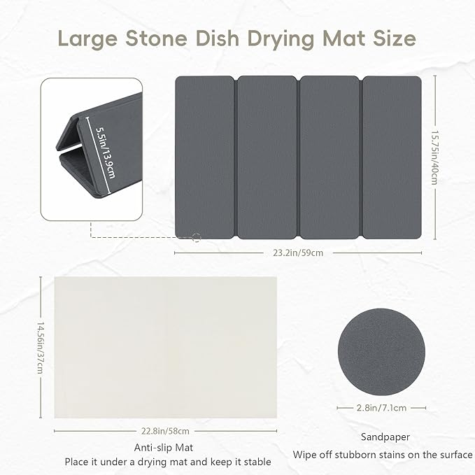 Large Stone Dish Drying Mat for Kitchen Counter, HQAUT 24×16" Collapsible Quick Drying Dish Mats, Ultra Absorbent Diatomaceous Earth, Non-Slip Dishes Drainer Drying Mat, Easy to Clean