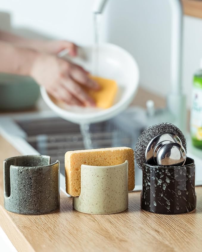 Kitchen Sponge Holder, Ceramic Dish Sponge Holder Scrubby Daddy Farmhouse Dish Rack Brush Holder for Bathroom, Kitchen, Sink, Special Gray