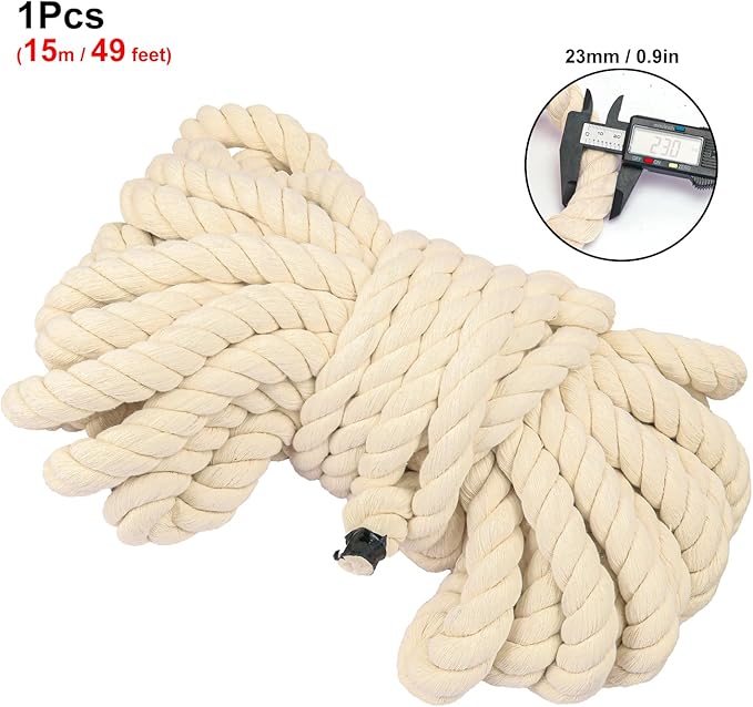 20mm Diameter Natural Twisted Cotton Rope, 49 Feet Length Premium Adult Strength Cotton Rope, Soft, Triple-Strand Rope for Nautical Crafts and Home Decoration