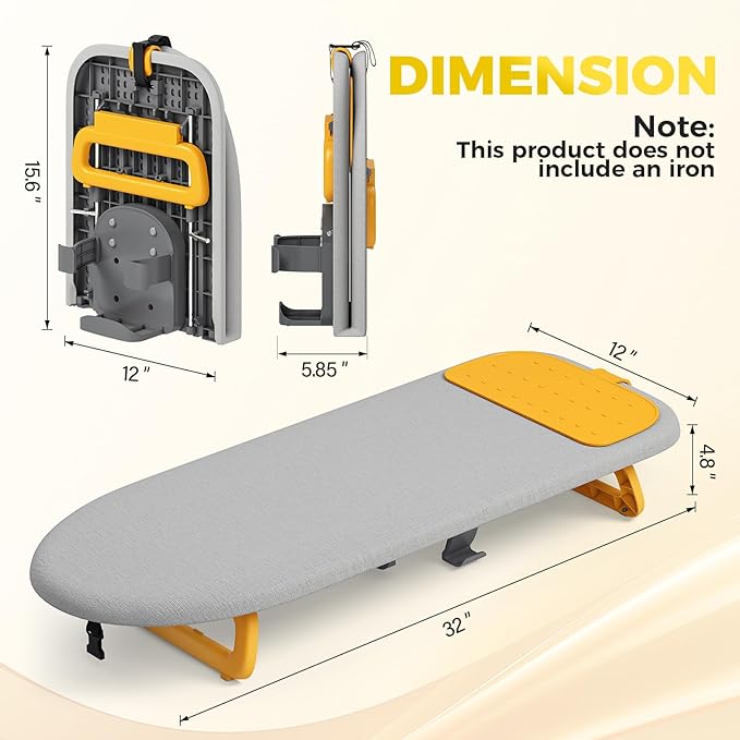 KINGBOARD Tabletop Ironing Board, Small Ironing Board with Iron Holder, Foldable Mini Iron Board, Easy Storage for Travel & Dorm, 12x32 Grey