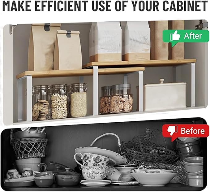 Cabinet Organizer Shelf, Kitchen Counter Storage, 2-Piece Set, Stackable Spice Rack, Metal and Wood (White and Natural Beige)