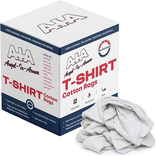 Angel-in-Armor White T-Shirt Rags – 50lb Bulk Box of Recycled Cotton Knit Shop Rags – Low Lint Cleaning Cloths for Mechanics, Oil Changes, Industrial and Commercial Use