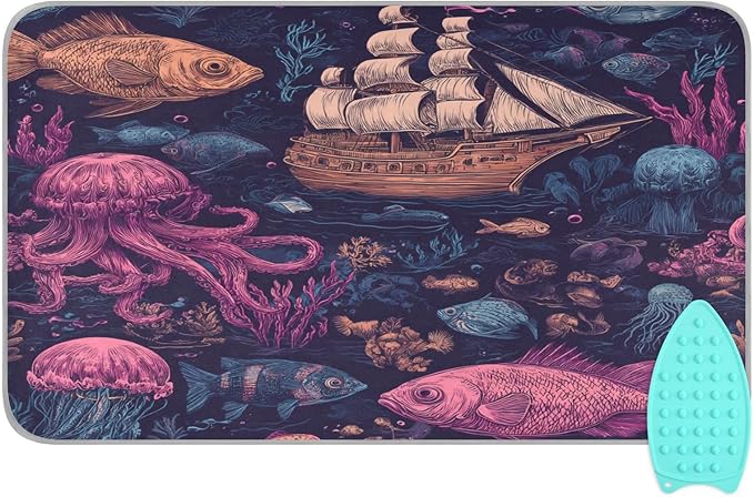 Red Blue Pirate Ship and Fish Ironing Mat Thickened Ironing Blanket Travel Portable Double-Side Using Ironing Pad Travel Isolate Heat Pad Cover for Washer Dryer Table Top Countertop 27.6x47.2in