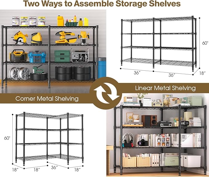 Himimi 4-Tier Adjustable Metal Shelving - 1600LBS Capacity, Heavy Duty Wire Organizer for Kitchen, Garage, Pantry, Laundry, 72" W x 18" D x 60" H, Black