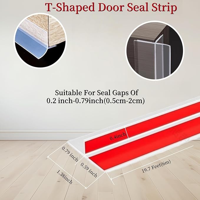 T Shape Door Seal Strip for Door & Windows Gaps，Draft Stopper Bottom Sweep Weather Stripping for Energy Saving, Noise Reduction,Easy Install (Transparent, 1.38" W x 19.7Ft)