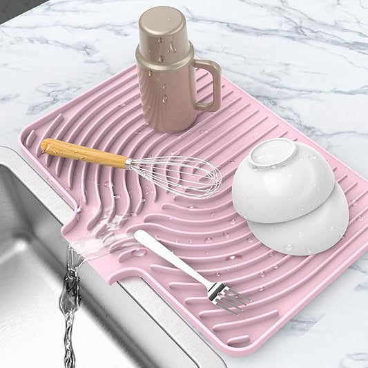 Dish Drying Matt for Kitchen Counter,18"×12"Silicone Dry Rack Mat with Built in Drain, Kitchen Dry Mats for Dishes Drying Pad for Counter(18"×12"Pink)