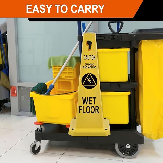 4-Pack 26.5" Caution Cones, 4-Sided Visible Safety Signs with Heavy Rubber Base, Warning for Slip & Fall Prevention, Indoor/Outdoor Use (Yellow, 4Pcs-Caution Wet Floor)