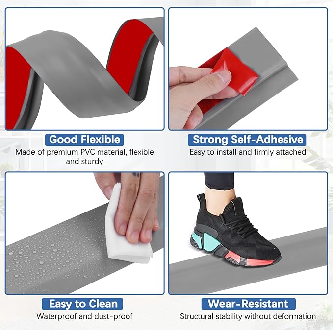 Vinyl Door Threshold Flooring Transition Strip Self Adhesive Carpet Edging Strip for Laminate Doorway Edge Threshold from 3/5" to 4/5" (Gray, 3.3 Ft)