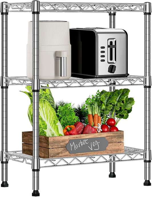750 lbs 3 Tier Shelf Metal Storage Shelves Wire Rack Closet Organizers with PP Board for Garage Kitchen Bathroom Laundry Chrome 11.8" D x 21.7" W x 28.6" H